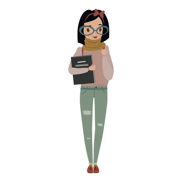 Nerdige Junge Frau Mit Büchern Der Hand Pullover Jeans Schal — Stockvektor