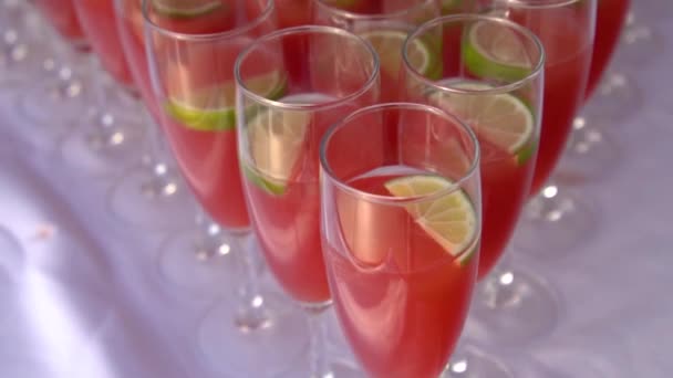 Bicchieri da cocktail riempiti con una bevanda rossa — Video Stock