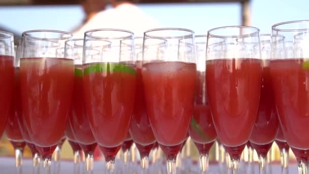 Copos de cocktail enchidos com uma bebida vermelha — Vídeo de Stock