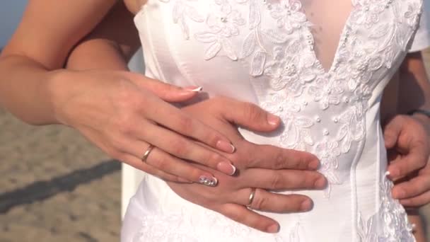 Close up de alianças de casamento nas mãos de um casal recém-casado — Vídeo de Stock