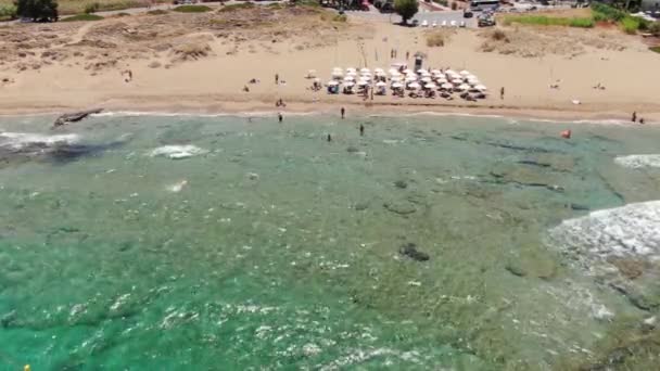 Drone Aerial of Anissaras Coastline Near Hersonissos on Famous Historic Crete Island Greece With Hotel Pools Beaches and Mediterranean Sea Waves — Stock Video
