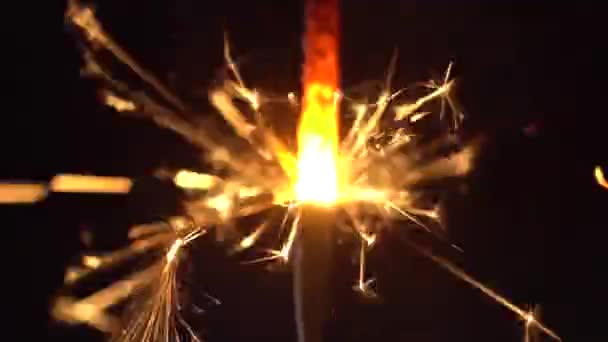 Kerst sparkler branden op een zwarte achtergrond. Slow motion — Stockvideo