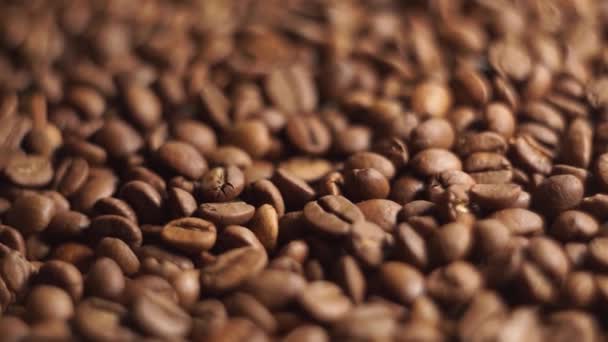 Cerca de granos de café seguimiento tiro caído de la bolsa — Vídeos de Stock