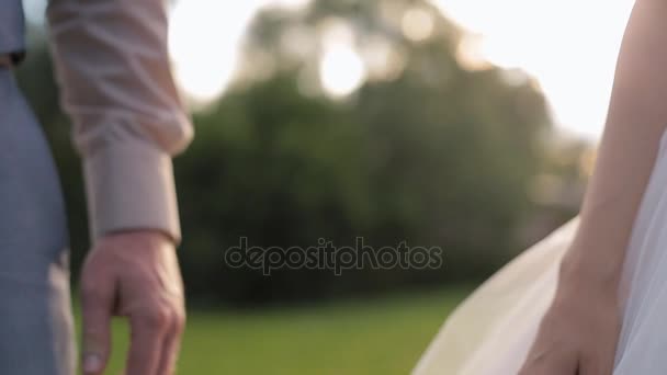 Romantická nevěsta a ženich pár drží ruce na svatební den při západu slunce.