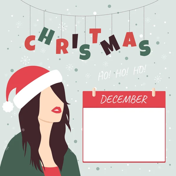 Calendario de Navidad. Diciembre. Chica en Santa sombrero . — Vector de stock