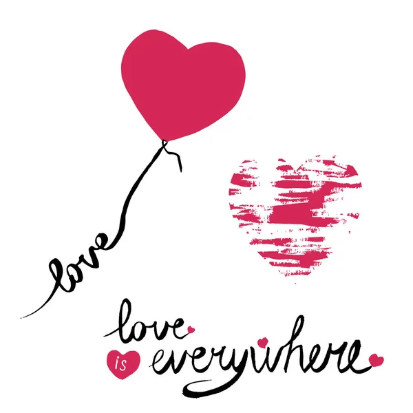 Corações cor-de-rosa com palavra "Amor", texto "O amor está em todo o lado" isolado — Fotografia de Stock