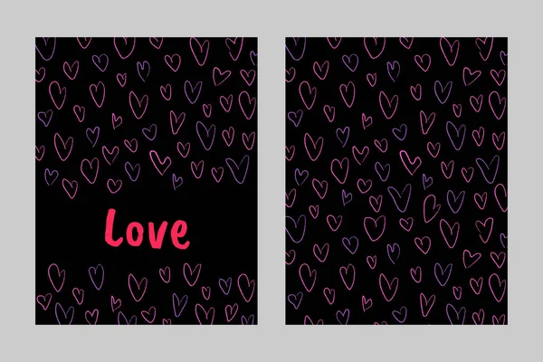 Vector Valentine's greeting card. Pink hearts with text on a bla — Stock Photo, Image