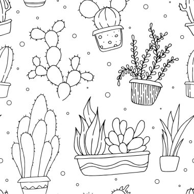 Tencereye el çizimi kaktüs. Siyah beyaz arkaplan