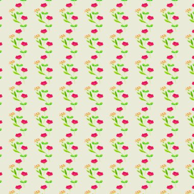 Kusursuz desen. Tekrarlayan küçük pembe ve sarı çiçekler. Beig
