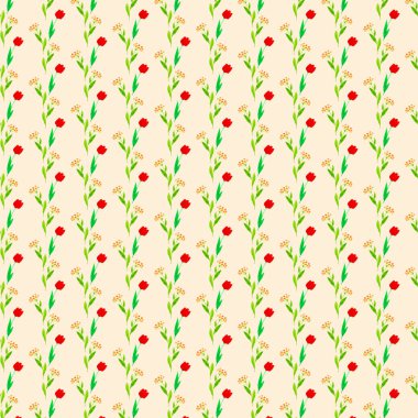 Kusursuz desen. Tekrarlayan küçük pembe ve sarı çiçekler. Beig