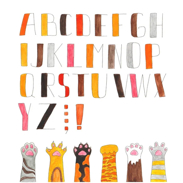 Luminoso alfabeto multicolore ad acquerello con zampe di gatto isolato — Foto Stock