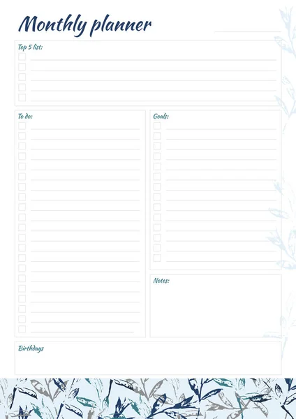 White monthly planner with bright leaves design — Stock Photo, Image