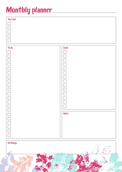 White monthly planner with bright leaves design — 스톡 사진