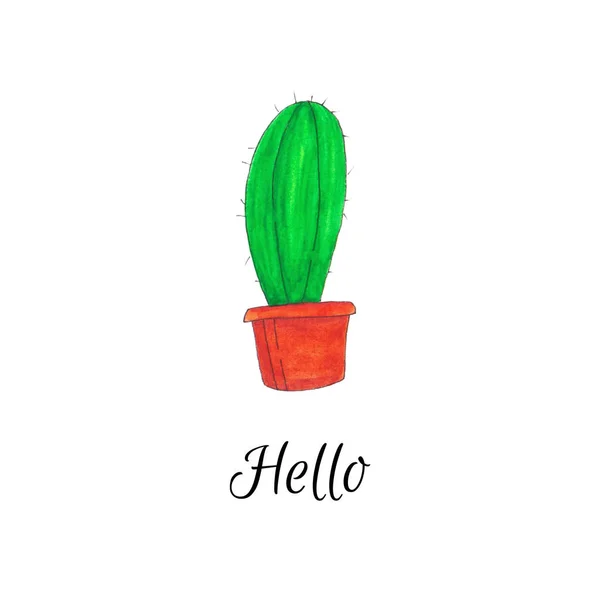 Tarjeta de felicitación blanca con cactus y palabra Hello . — Foto de Stock