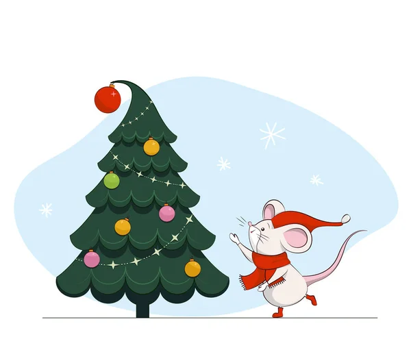 New year and Christmas greeting card in vector. Cute cartoon mou