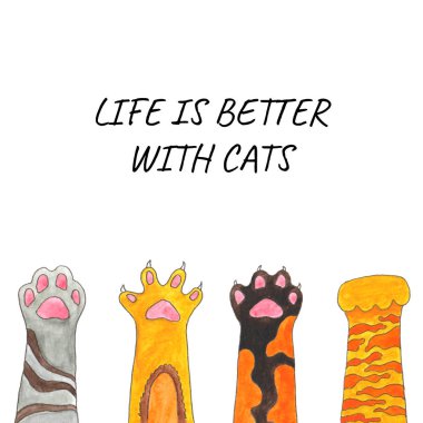 Kedi pençeli beyaz tebrik kartı. Suluboya kedinin patisi deseni. 