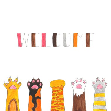 Kedi pençeli beyaz tebrik kartı. Suluboya kedinin patisi deseni