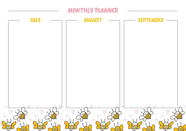 White Monthly Planner Cute Yellow Bees Design — Stock Photo, Image