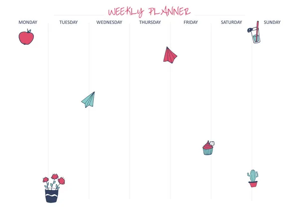 White weekly planner with bright elements: apple, cactus, cake