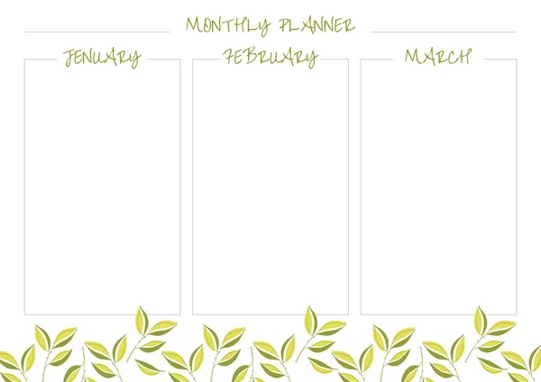 White Monthly Planner Bright Green Leaves Design — Stock Photo, Image