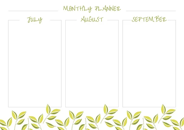 White Monthly Planner Bright Green Leaves Design — Stock Photo, Image