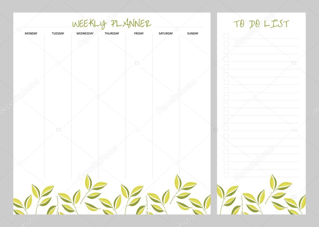 Set of planners with green leaves design. Weekly planner and to do list.