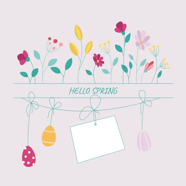 Garland Colored Eggs Spring Flowers Place Text — Stock Photo, Image