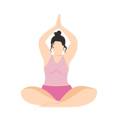 Kadın meditasyon yapıyor. Yogada mükemmel olmayan vücudu olan bir kız beyaz poz verir. 