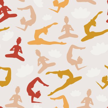 Farklı yoga pozları. Kadın siluetleriyle arka plan 