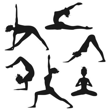 Yoga pozları. Beyaz arkaplanda izole edilmiş kadın siluetleri