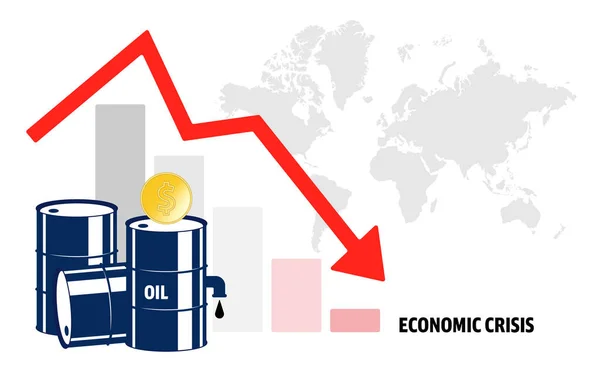 World oil crisis. Graph with down arrow and world map, halons with oil and dollar sign