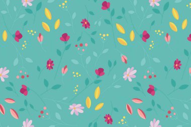 Yeşil arka planda renkli çiçek deseni. Yaz çiçekleri