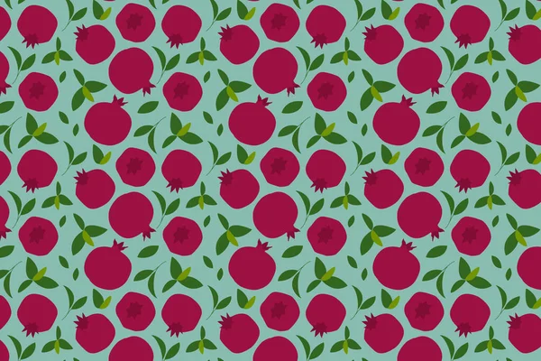 Ρόδι Φρούτα Και Φύλλα Μοτίβο Πράσινο Φόντο — Φωτογραφία Αρχείου
