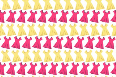 Parlak elbise deseni. Beyaz arkaplanda pembe ve sarı elbiseler