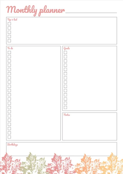 White Monthly Planner Bright Leaves Design — 스톡 사진