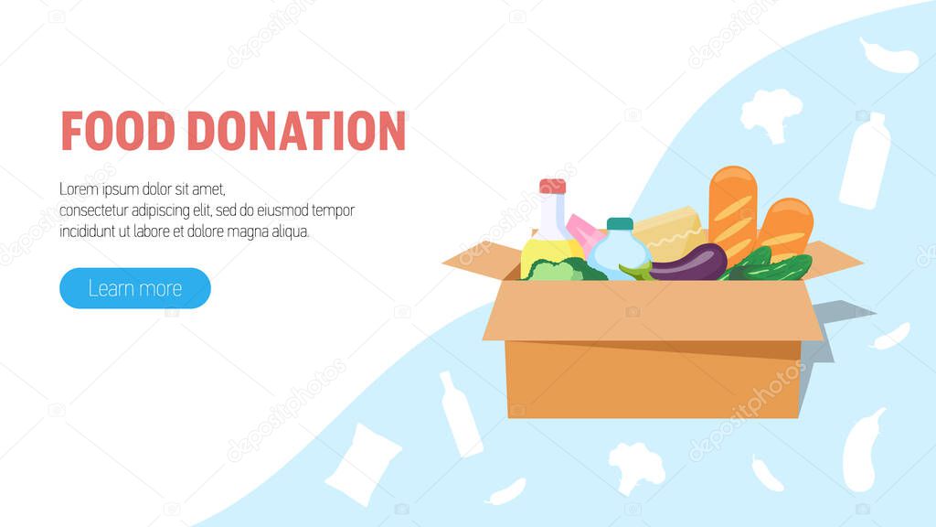 Food donation concept. Big box with food donation. Web banner, infographics. 