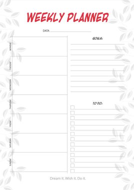 Minimalist yaprak tasarımlı beyaz haftalık planlayıcı 