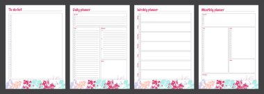 Set of planners with minimalistic floral design. Monthly, weekly, daily planner, to do list.