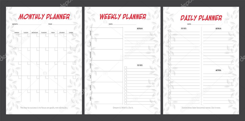 Set of planners with minimalistic floral design. Monthly, weekly, daily planner.
