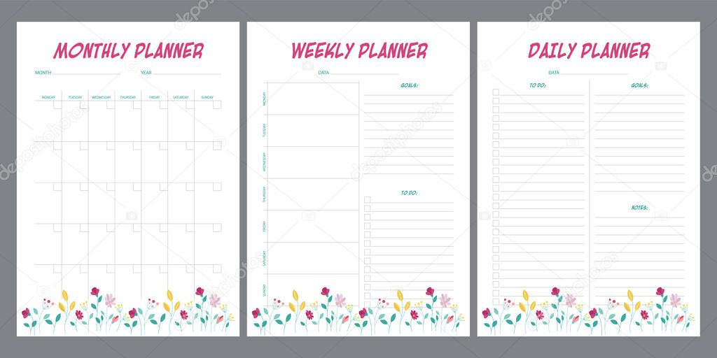 Set of planners with floral summer design. Monthly, weekly, daily planner 