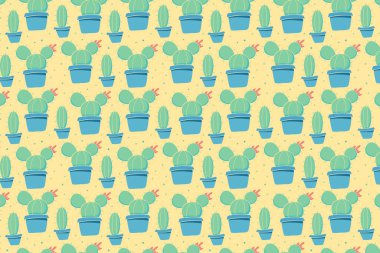 Tenceredeki kaktüs. Sarı arka planda yeşil bitkiler