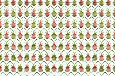 Beyaz üzerine pembe yeşil böcek deseni. Böcek arkaplanı