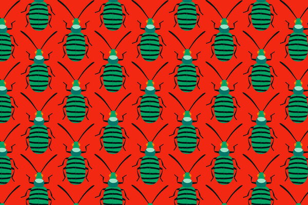 Green bug pattern on red. Insects bright background