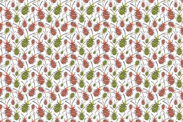 Pink green bug pattern on white. Insects background