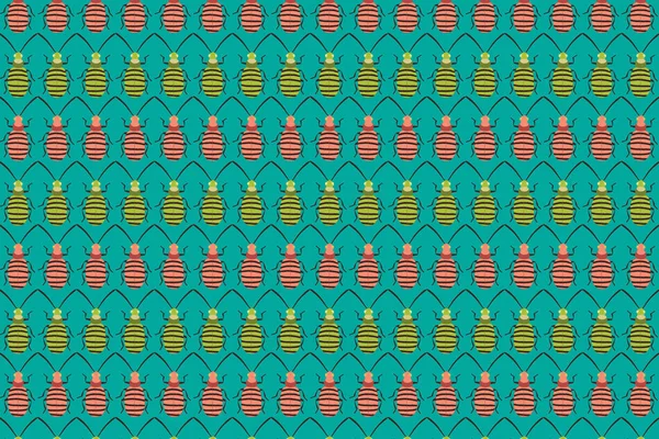 Yeşil üzerine pembe yeşil böcekler deseni. Böcek arkaplanı