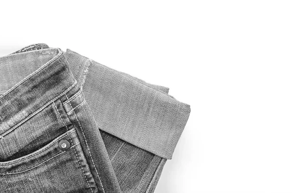 Svarta Jeans Vit Bakgrund Kläder För Donationer Fragment Kläder — Stockfoto