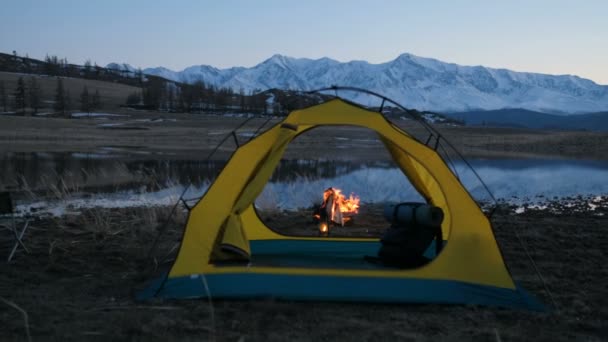 Imagen azulada de camping y tienda de campaña con alta imagen de grano iso bajo el bosque de pinos en la puesta del sol 20s 4k — Vídeo de stock