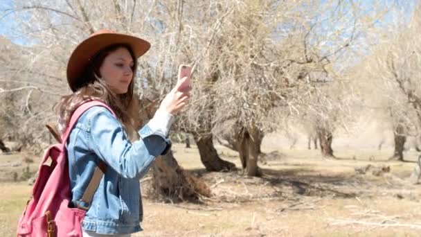 Woman hiker taking photo — Stock Video