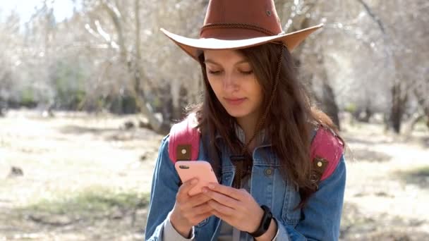 Femme avec téléphone portable sur prairie de montagne — Video