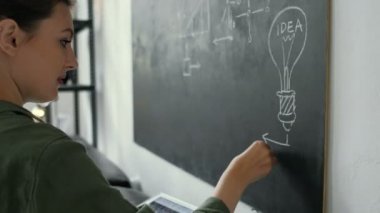 4k matematik formülleri tahtaya yazma ve onun sınıf 20'li yaşlarda 4 k konuşmak öğretmen.